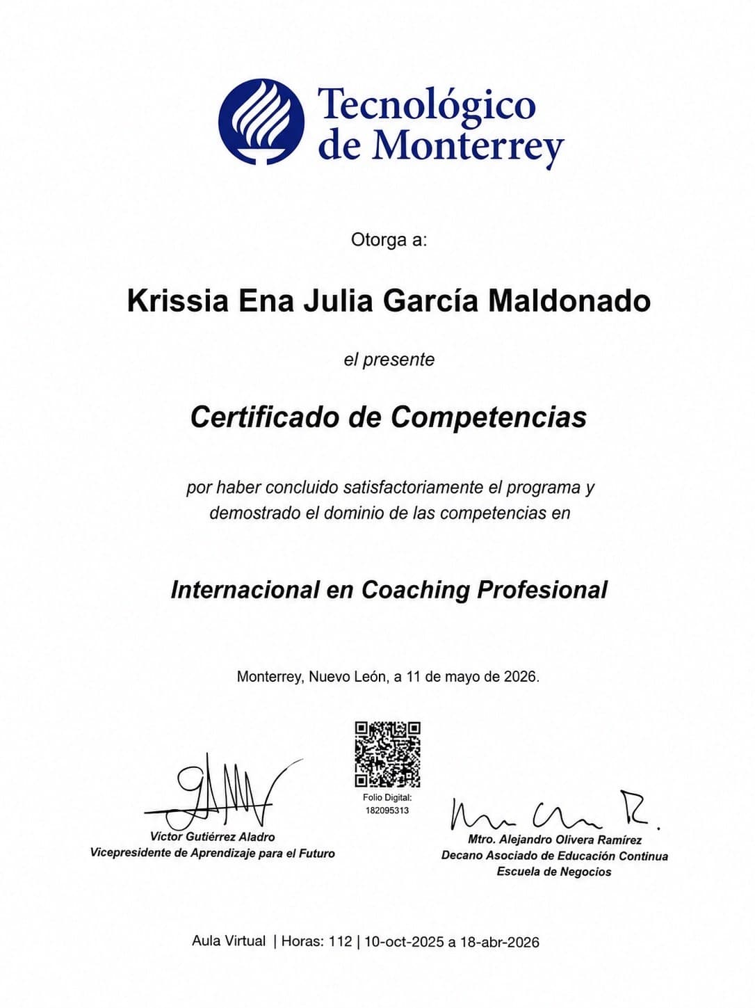 Certificado de Competencias del Tecnológico de Monterrey otorgado a Krissia Ena Julia García Maldonado en Coaching Profesional Internacional, fechado el 11 de mayo de 2026