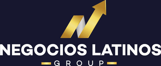 Logotipo de Negocios Latinos Group, flecha dorada ascendente sobre fondo azul marino
